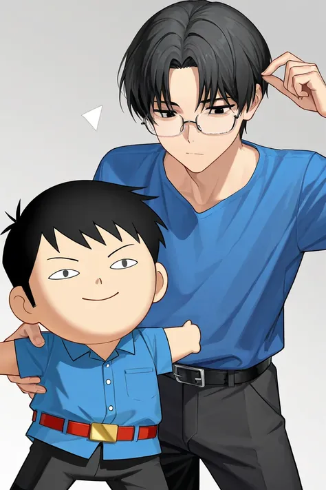 A man with a white triangle face of Chinese descent but handsome, short hair, black eyes, a chin-shaped figure, a slim figure 190 cm tall, wearing glasses, a blue shirt and black pants, with a belt, is an anime-drawn gamer. 