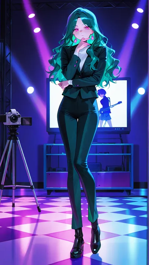 a woman with long wavy dark teal green hair, pink eyes, dance floor, dark dim light, posing like a k-pop girl, tv camera and shooting equipment on the background, multiple old television stacked behind