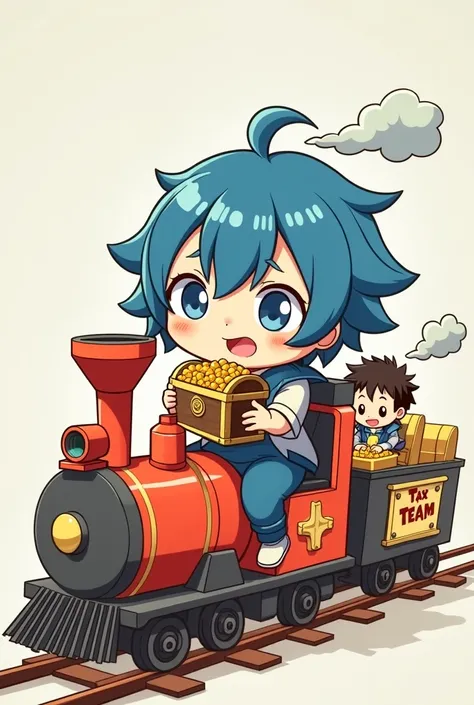 Please make a profile of a blue haired chibi guy riding a small train, and a boy Hold treasure box. On the train there is a sign saying "Tax Team"