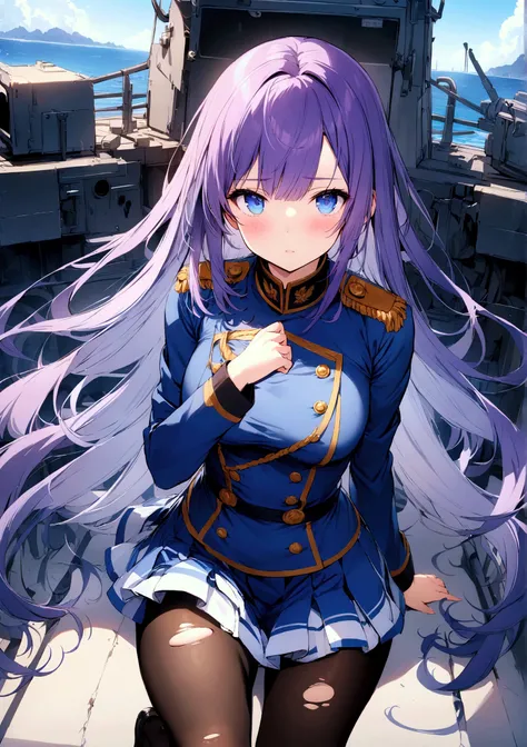 (warship girls r\),((Best quality)),((Ultra-detailed)),((illustration)),((frilled)),(1 girl),(Solo), 1girl, blue eyes, long hair, Purple hair color, pantyhose, solo, torn clothes, legwear, shirt, skirt, very long hair, black legwear, legwear, military, whi...