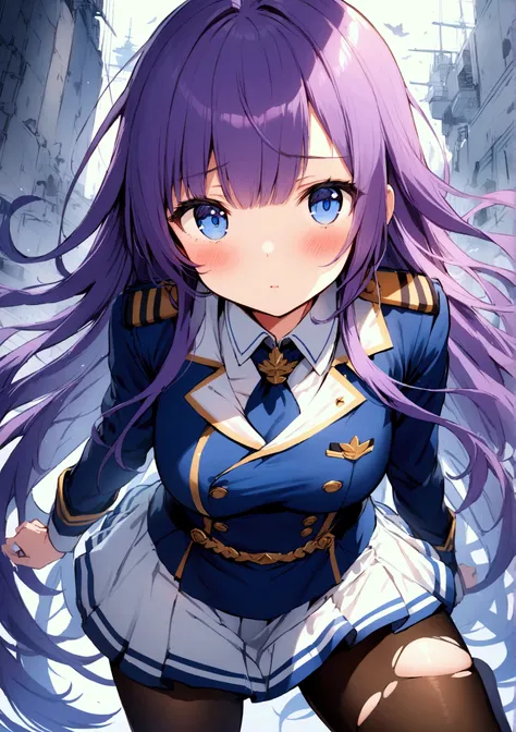 (warship girls r\),((Best quality)),((Ultra-detailed)),((illustration)),((frilled)),(1 girl),(Solo), 1girl, blue eyes, long hair, Purple hair color, pantyhose, solo, torn clothes, legwear, shirt, skirt, very long hair, black legwear, legwear, military, whi...