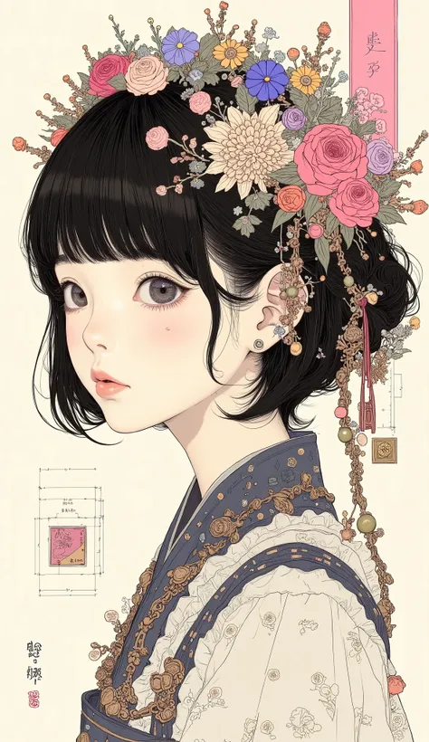  Super Real、  photorealistic、 ( character design sheet :1.4), (Technical Diagram :1.4), (masterpiece), ( top quality),  1 woman, (Perfect face:1.2), ( beautiful face:1.2),  black hair,  voluminous short hair、 bangs with lots of flowers , Female students fr...