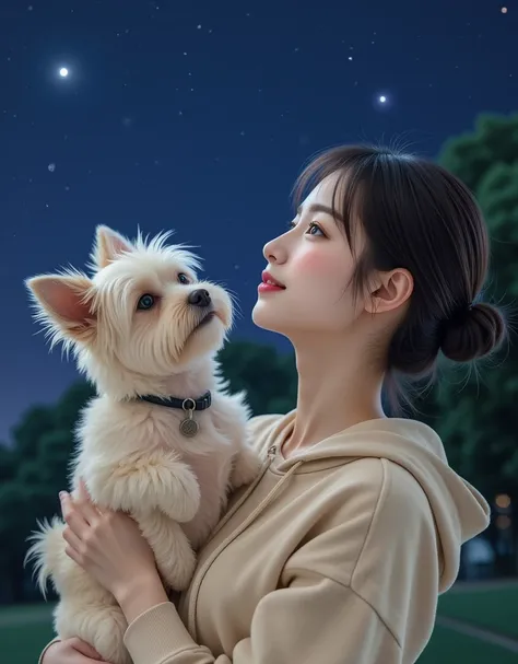 ( Profile of a super cute Korean female college student holding a small dog and looking up at the sky:1.2)(Grinning,smile:1.1)( I'm happy:1.1)(16k,  RAW photos ,  top quality, masterpiece: 1.2),(A cute bun hairstyle with shiny black hair)  more details,  S...