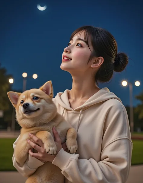 ( Profile of a super cute Korean female college student holding a small dog and looking up at the sky:1.2)(Grinning,smile:1.1)( I'm happy:1.1)(16k,  RAW photos ,  top quality, masterpiece: 1.2),(A cute bun hairstyle with shiny black hair)  more details,  S...