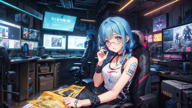 masterpiece、最  high quality、  tamago cloth 、  very detailed、  girl 、Gamer、Game commentator、 Playing the game with small items、She is staring at a computer monitor、  lean forward 、 、glass、glassにモニターの映像が反射している、darkroom、 indoor、Flashy clothes、  colorful cloth...