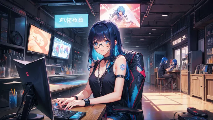 masterpiece、最  high quality、  tamago cloth 、  very detailed、  girl 、Gamer、Game commentator、 Playing the game with small items、She is staring at a computer monitor、  lean forward 、 、glass、glassにモニターの映像が反射している、darkroom、 indoor、Flashy clothes、  colorful cloth...