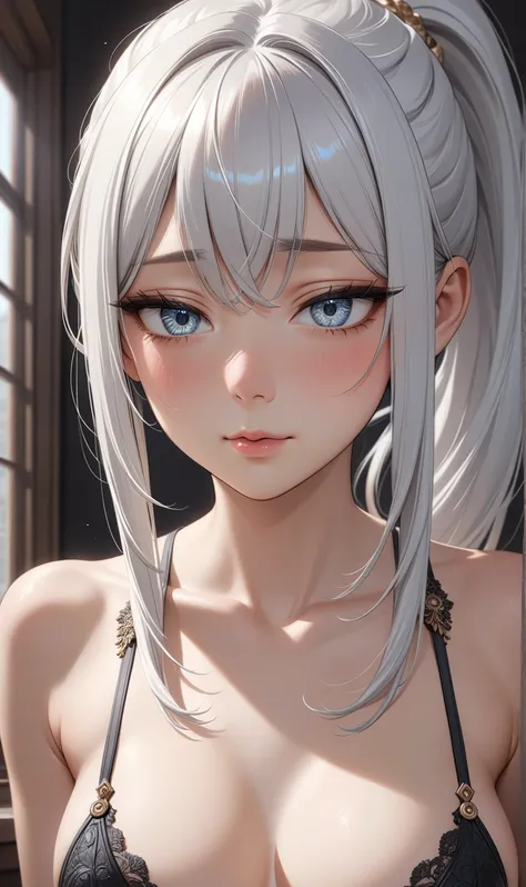 Upper body, Random pose, ((Ultra detailing)), (very aesthetic, best quality, ultra detailed), intricate details, 1girl, silver hair, silver eyes,((Detailed eyes)), ((Beautifull eyes)), ((prefect eyes)), long hair, ponytail, , Medium breasts, shy, Licking h...