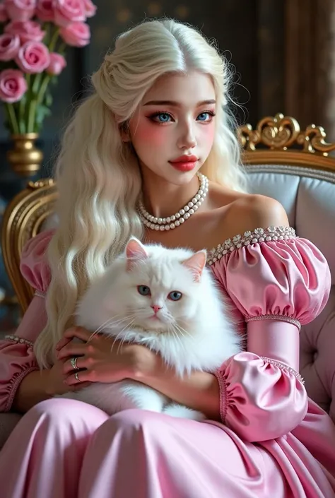 Targaryen woman sitting on a luxurious sofa, medieval royalty, dressed in a pink gown, long baggy sleeves, pearl accessories, pearl embroidery on dress, pearl layered necklace, voluminous platinum-blonde hair, wavy hair texture, extremely long hair, light ...