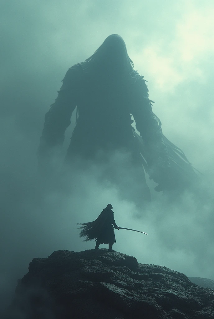 Two characters on a smokey mountain. One character is a Shadow while the other character is ready to attack the Shadow with a sword. The scene is animated