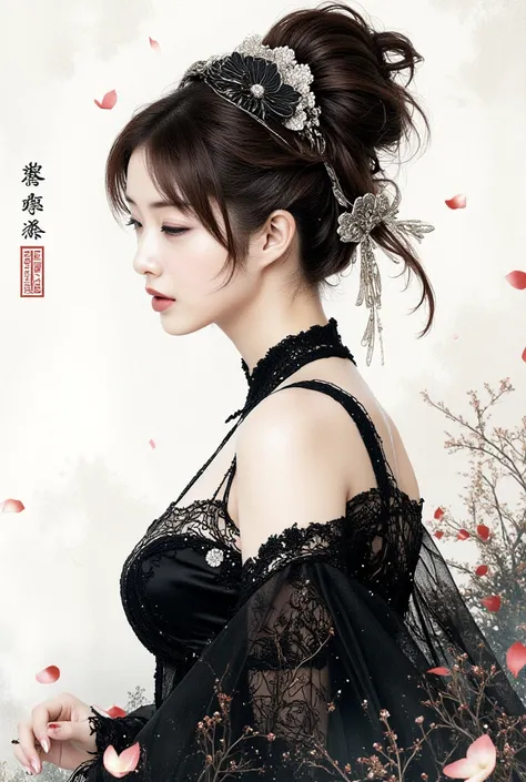 ( Chinese traditional ink), portrait, female 1 person,    falling petals   ,  upper body, black_gothic dress ,hair_Decoration,