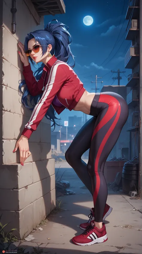 Sexy leona heidern,  long hair,  dark blue hair ,  triangle earrings, wearing a purple sports top, crimson sports jacket, very tight black leggings ,  red sports shoes , condog tags,  on a wasteland,  at night,  sunglasses, standing, leaning against the wa...