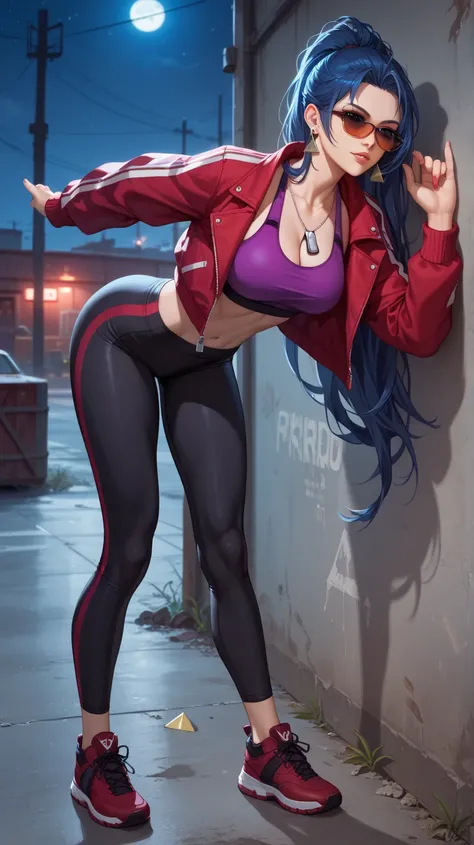 Sexy leona heidern,  long hair,  dark blue hair ,  triangle earrings, wearing a purple sports top, crimson sports jacket, very tight black leggings ,  red sports shoes , condog tags,  on a wasteland,  at night,  sunglasses, standing, leaning against the wa...