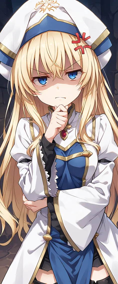 score_9, score_8_up, score_7_up, anime_source, priestess(goblin_slayer),blonde hair,blue eyes,hat,white headwear,long sleeves,hair between eyes,thigh boots,wide sleeves,small breasts,(upper body,biting own thumb nail),(annoyed,anger vein:1.5),masterpiece,N...