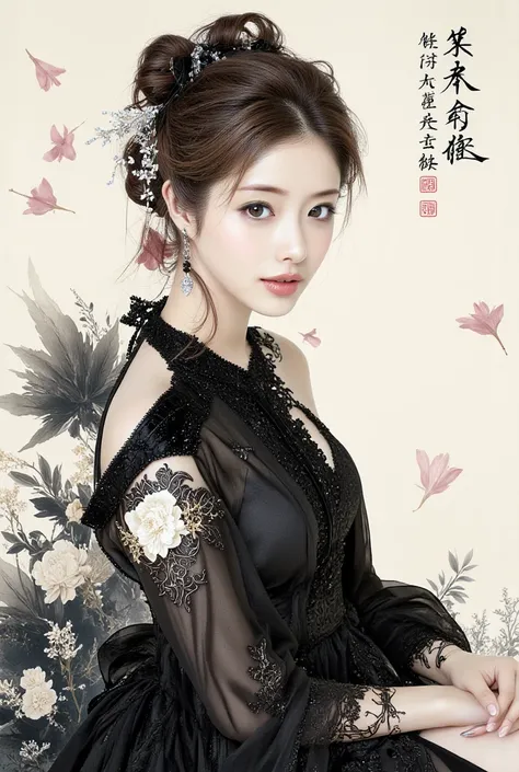 ( Chinese traditional ink), portrait, female 1 person,    falling petals   ,  upper body, black_gothic dress ,hair_Decoration,