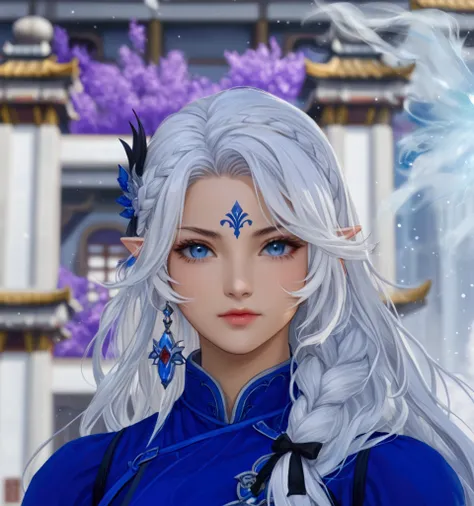 there is a woman with white hair and blue dress in front of a building, azure. detailed hair, aion, white haired deity, white haired, tifa lockhart with white hair, white haired lady, blue elf, silver haired, blue-white hair, portrait knights of zodiac gir...