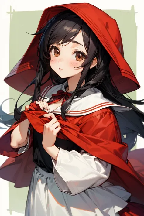  top quality,   super high resolution, illustration style, (( cute middle school girl)),( small tits),Droopy dog ears、 semi-long black hair , brown eyes, Little Red Riding Hood,