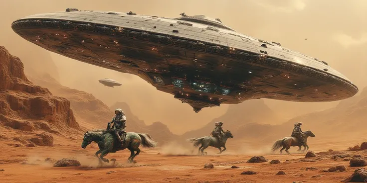 alien mother-ship uniquely O shaped, detailed tinted glass windows, metallic black shell, many lights, line air landing inside a realistic detailed ground military base in the middle of the desert, a astronaut riding on the back of a green horse-Xenomorph ...