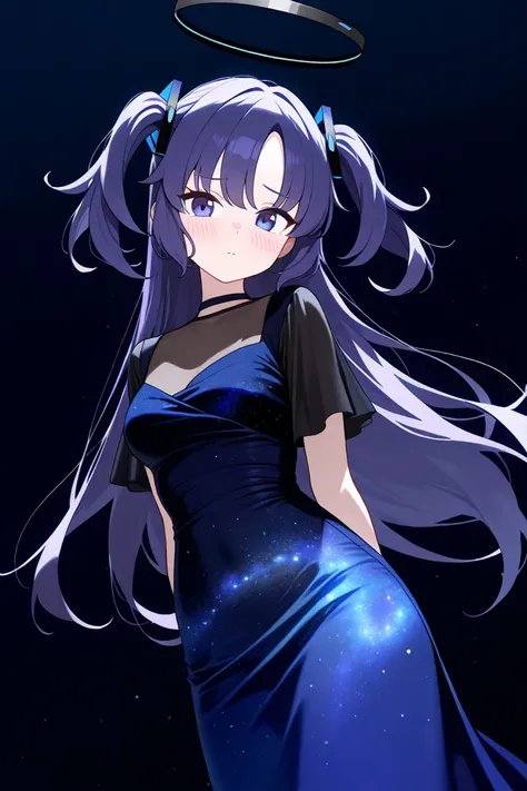 1girl, long hair, (dark blue dress, night sky galaxy overlay dress, long skirt), detailed eyes,  yuuka (blue archive), parted bangs, shirt, purple eyes, blush, black halo, halo, mechanical halo, purple hair, , two side up, long shot, dutch angle, dark nigh...