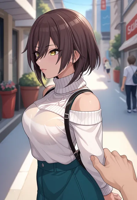 Shirase Sakuya,short hair, dark brown hair,  hair between eyes, yellow eyes, large breasts, from side, pov, casual, long skirt, dark green skirt, see-through skirt, white sweater, turtleneck sweater, bare shoulder, street,  day, female focus, blurry backgr...