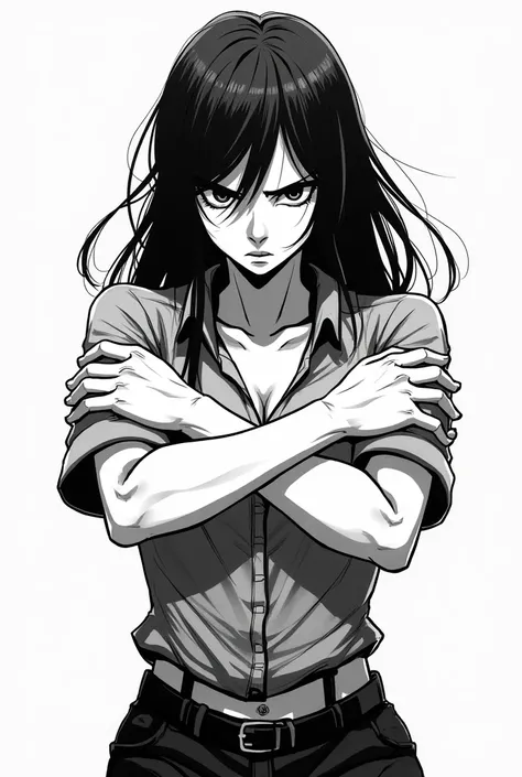 Hands crossed like she's angry not praying. Also black and white manga style