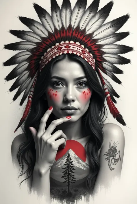 3/4 female face in black and gray, one hand near the mouth, a beautiful American Indian feather headdress, red paint under the eye,
for a tattoo on an upper arm, with a view under the face with a tree and mountain in the center