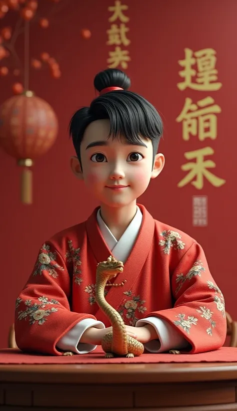 make a poster of a young man wearing traditional Chinese clothes with uppercut hair, the background says "Happy Chinese New Year 2025" with a wooden snake statue. sitting at a table. the table has the words "INSTINCT". make it more real, more detailed and ...