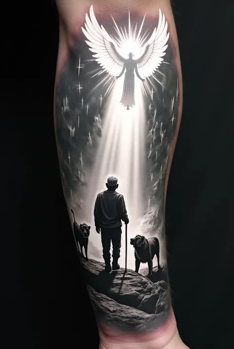 Design a man's forearm tattoo to Daniel from the Bible and his story with the lions in a cave that the main character named Daniel is old for so long waiting to be rescued in the cave and this looked at an angel that shines with a lot of light the angel's ...