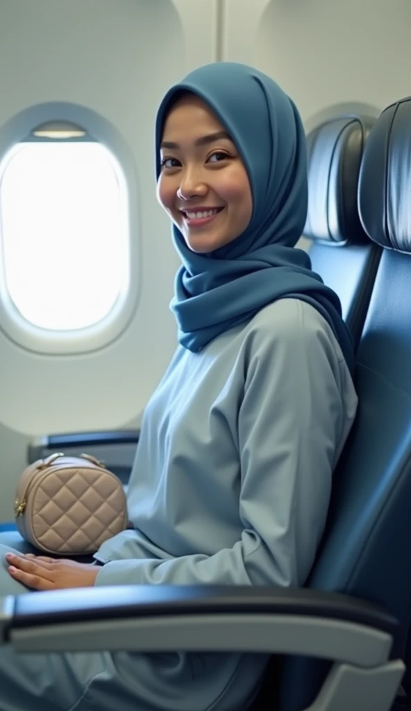 hijab blue woman,smiling,sweetly in a relaxed seated posture, facing slightly to the right side of the camera.  The plane's interior is light-toned, with pale gray and white colors.  A small, light beige quilted handbag is visible next to her.   The lighti...