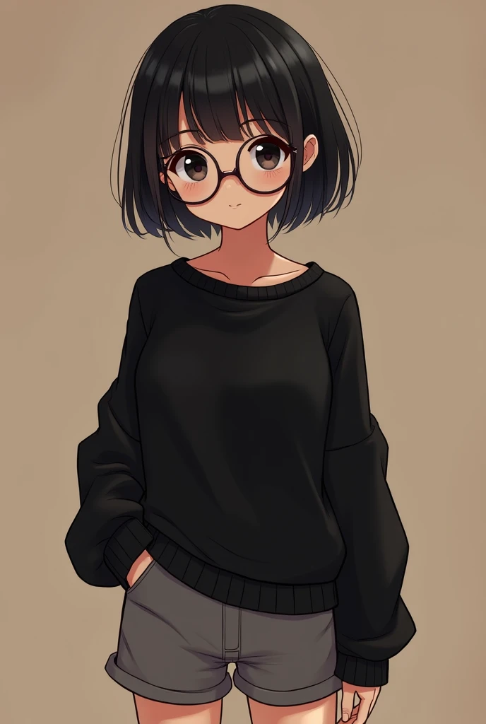 Cute girl with short black hair black eyes with a small waist wearing a black sweater and gray shorts and with circular lenses