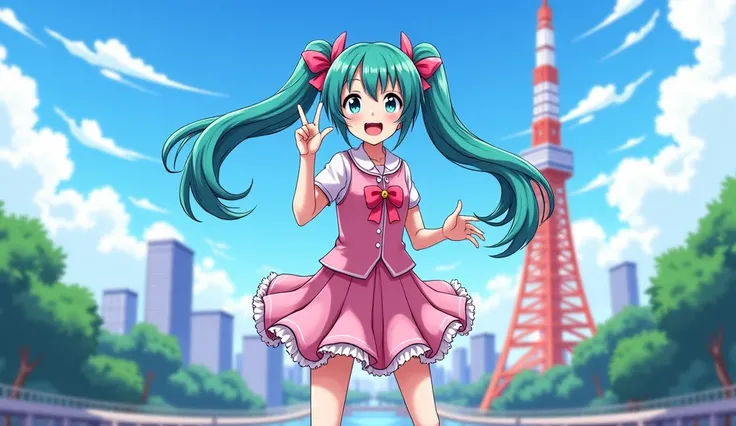 hatsune miku doing nico nico ni pose in front of tokyo tower wearing cute pink uniform