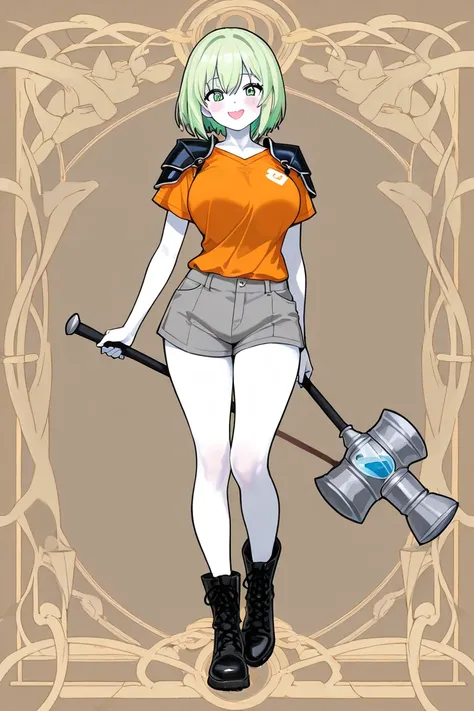 Women with short green hair, light green eyes, white skin, heart-shaped face, hourglass, large breasts, large breasts. The highlight of the image is wearing an orange shirt, short sleeves with concave spots on the chest, there is armor on both sides of the...