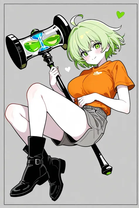 Women with short green hair, light green eyes, white skin, heart-shaped face, hourglass, large breasts, large breasts. The highlight of the image is wearing an orange shirt, short sleeves with concave spots on the chest, there is armor on both sides of the...