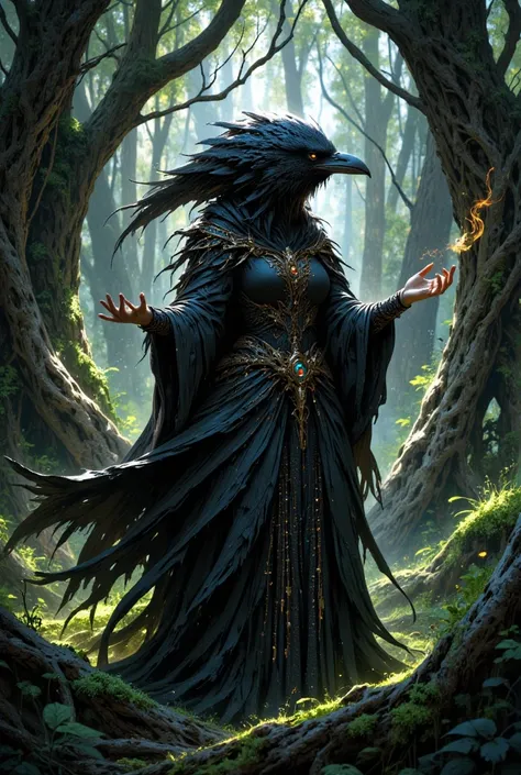 an female mystic, with the head of a raven, communes with a swarm of shadow spirits in the forest. She wears a black feathered cloak, and is surrounded by insubstantial creatures of shadow