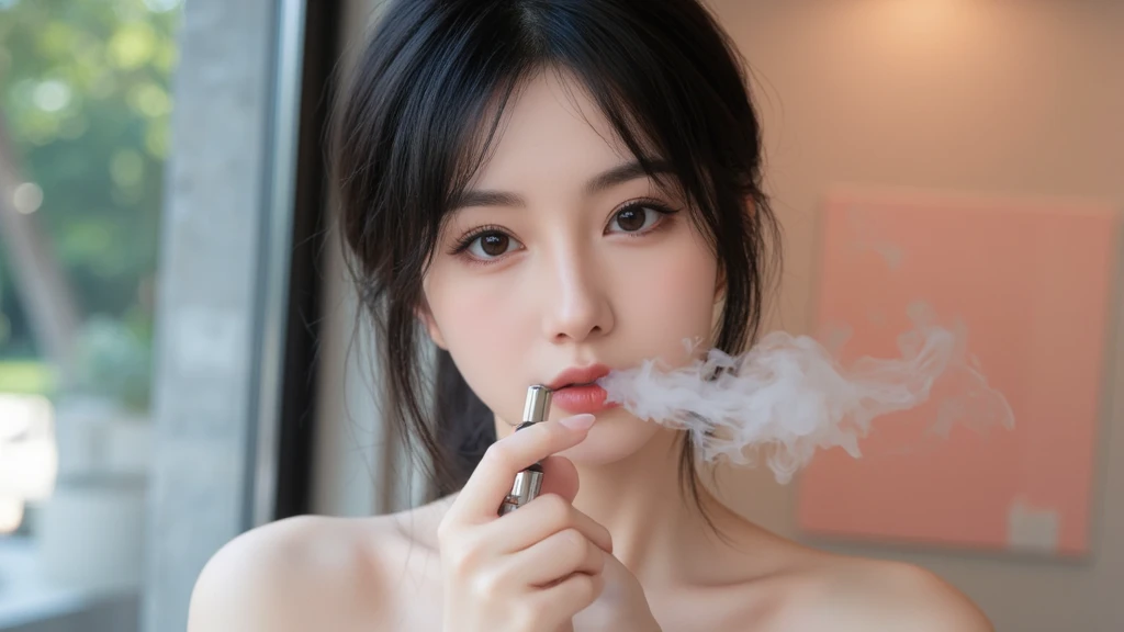 Create a bright and cheerful scene featuring a beautiful woman with black short hair and fair skin, looking directly at the camera. She is using an electronic vape, exhaling light smoke in a vibrant atmosphere with soft, natural lighting.