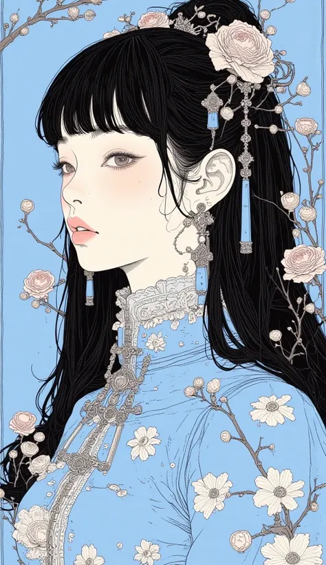  cute girl、Qing dynasty official uniform 、Feminine Gothic Aesthetics 、 close-up details 、Detail shot、Crisp details、 artilove blow style、Silkscreen Art 、 checked shirt 、 extra fine ink details 、 silkscreen print 、 very detailed、 light blue and white