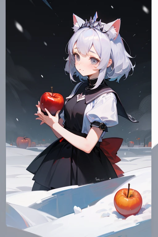  top quality,   super high resolution,(( cute middle school girl)),( small tits),Cat ears、 Silver Hair, grey eyes、snow white、 tiara 、An apple in one hand