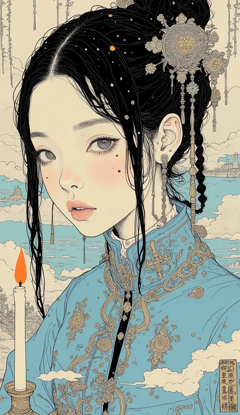 cute girl , Qing dynasty official uniform ,FEMININE GOTHIC AESTHETICS , Close up details, Detail shot, clear details, ARTY LOVE BLOW STYLE , Silkscreen Art, close-up pictures , EXTRA FINE INK DETAILS , SILKSCREEN PRINT , very detailed,vulgar ,Chinese horro...