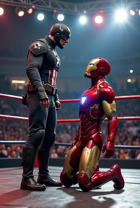 The wrestling ring is filled with tension. Iron Man, weakened and on his knees, can barely hold himself up. His armor is battered, his circuits damaged, and blood trickles from his mouth as he stares up at Venom, who looms over him with a sadistic grin. Ju...