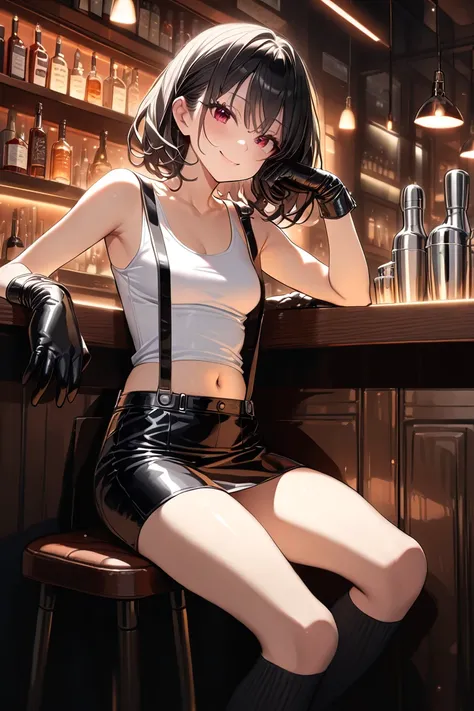 1 woman, Masterpiece,  high resolution, 16K, A woman with long black hair ,  red eyes, small breast、 slender body 、Age 25、170 cm、(White Belly-baring tank top, navel, black leather mini skirt, suspenders, black knee-high socks, leather boots, black leather ...