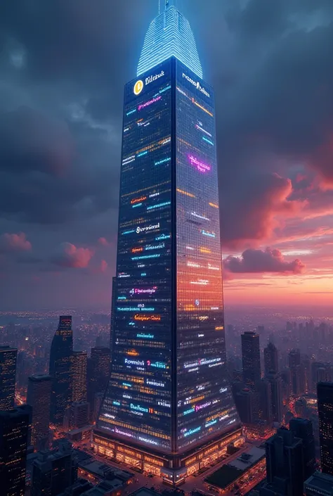 Digital art illustration of Trump Tower filled with cryptocurrency logos such as ETH and BTC, the tower is glowing brightly, a futuristic cityscape in the background, a luxurious and grand scale