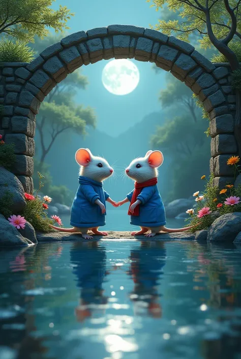 



"In a fictional and magical scene a white rat and its rat are both dressed in blue branded clothing. Both stand under an ancient and beautiful bridge, where a transparent river flows below and the reflection of the moon is visible in its waters. The ra...