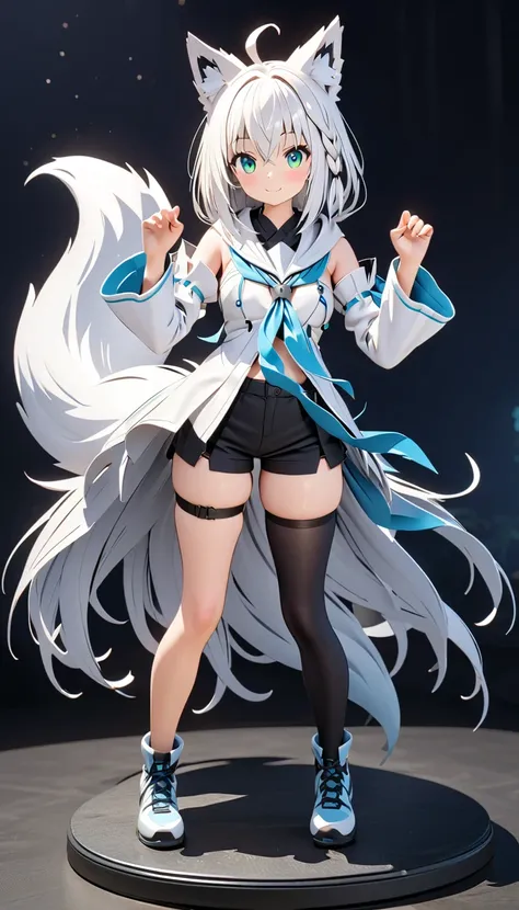 (masterpiece:1.2), (  top quality:1.2),   super high resolution,   very detailed, Shirakami Fubuki, white hair,ahoge,detached sleeves,green eyes,braid,hair between eyes,bangs,blue  neckerchief,hood, hoodie,long hair,white  hoodie, neckerchief,animal ear fl...