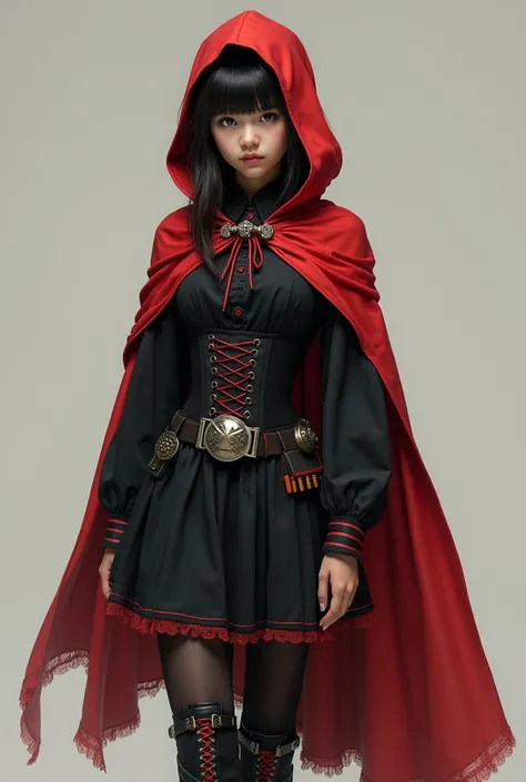 (photorealism:1.2), A 17-year-old girl, she wears a black dress consisting of a long-sleeved blouse with a high collar and red trim on the sleeves, over which is a black waist corset with red laces on the front, and a matching skirt with red trim and a red...