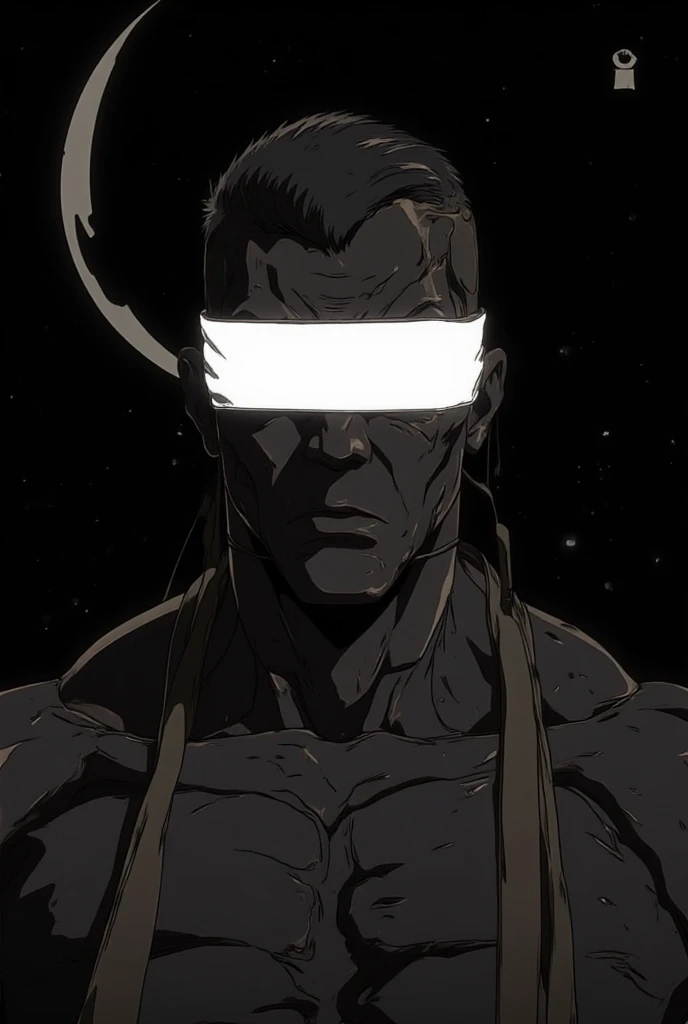 Simple silhouette drawing of chest up dark man with white blindfold on eyes and black moon in background. 