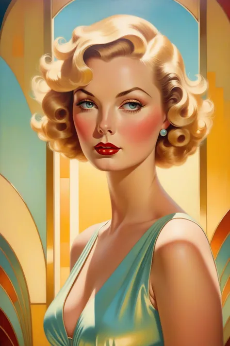 oil painting detailed and stylized art deco scenery, blending vintage aesthetics. The central figure is a full-figured, vintage playboy model, The composition emphasizes soft, cinematic lighting, bright colors, and an overall whimsical tone. with a vintage...