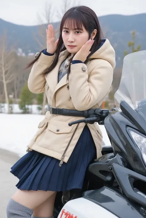  Documentary Photos ,  realistic photo ,  super real, 1 VERY BEAUTIFUL JAPANESE GIRL ,  famous Japanese idol ,  beautiful face,  cute face like an idol,  beautiful eyes, LONG BOOTS FOCUS , ( wears a sailor suit wearing an outdoor jacket and dark blue skirt...