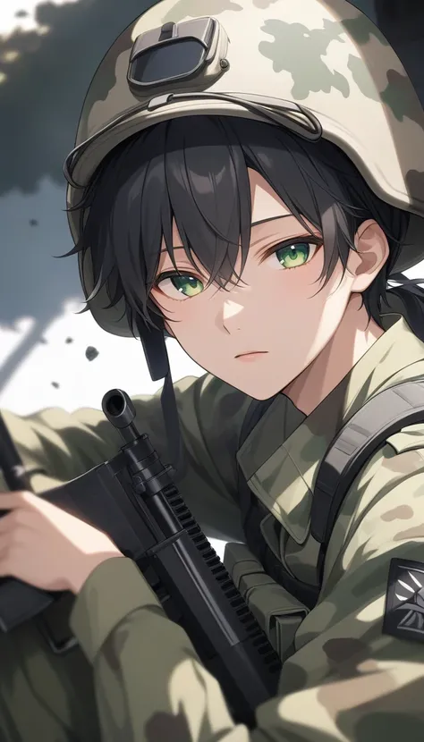  dark、Corrosive、 colorful、 gorgeous light and shadow 、whole body、 Young man's white skin 、Mouth is moody、( green eyes) My eyes are blurry and dreamy。Dappled Light and Shadow, portrait, black hair, battlefield、 wearing camouflage military uniforms 、夕暮れ時のbat...