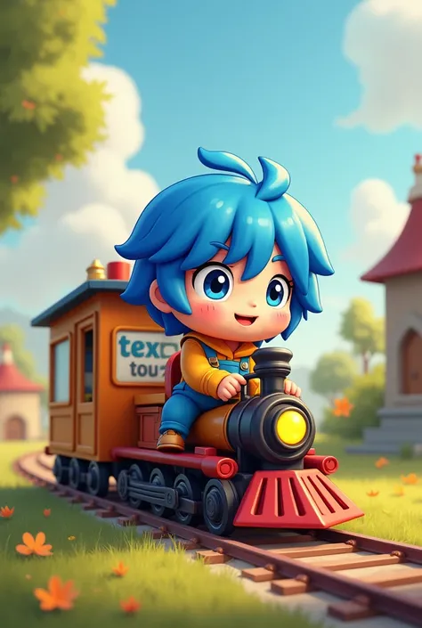 Please make a profile of a blue haired chibi guy riding a small train, And looking there is a golden treasure chest. On the train there is a sign saying "Tax Team"
