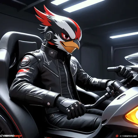 2.5d anime-style art , An extremely badass anthropomorphic woodpecker wearing an insanely cool black leather racing jacket, black shirt, black leather biker gloves is riding in the cockpit of a racing machine 、cyberformuladriverseat、 high quality 3D render...