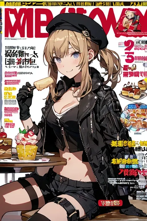 (from below:1.2),(from side:0.9), ((cute Face)), (Close-Up:0.6), ((looking at viewer, holding a icecream)),(Italian sweets magazine cover:1.4), highest quality、(real、photorealistic:1.5),(ultra high resolution,blondes hair,long hair,side ponytail,hair betwe...